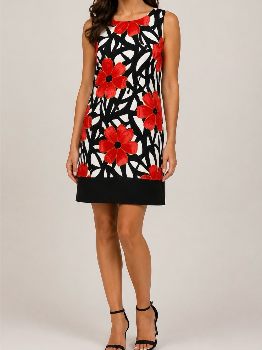 Tropical Floral Shift Dress Red Black White Resort Knee Length 8